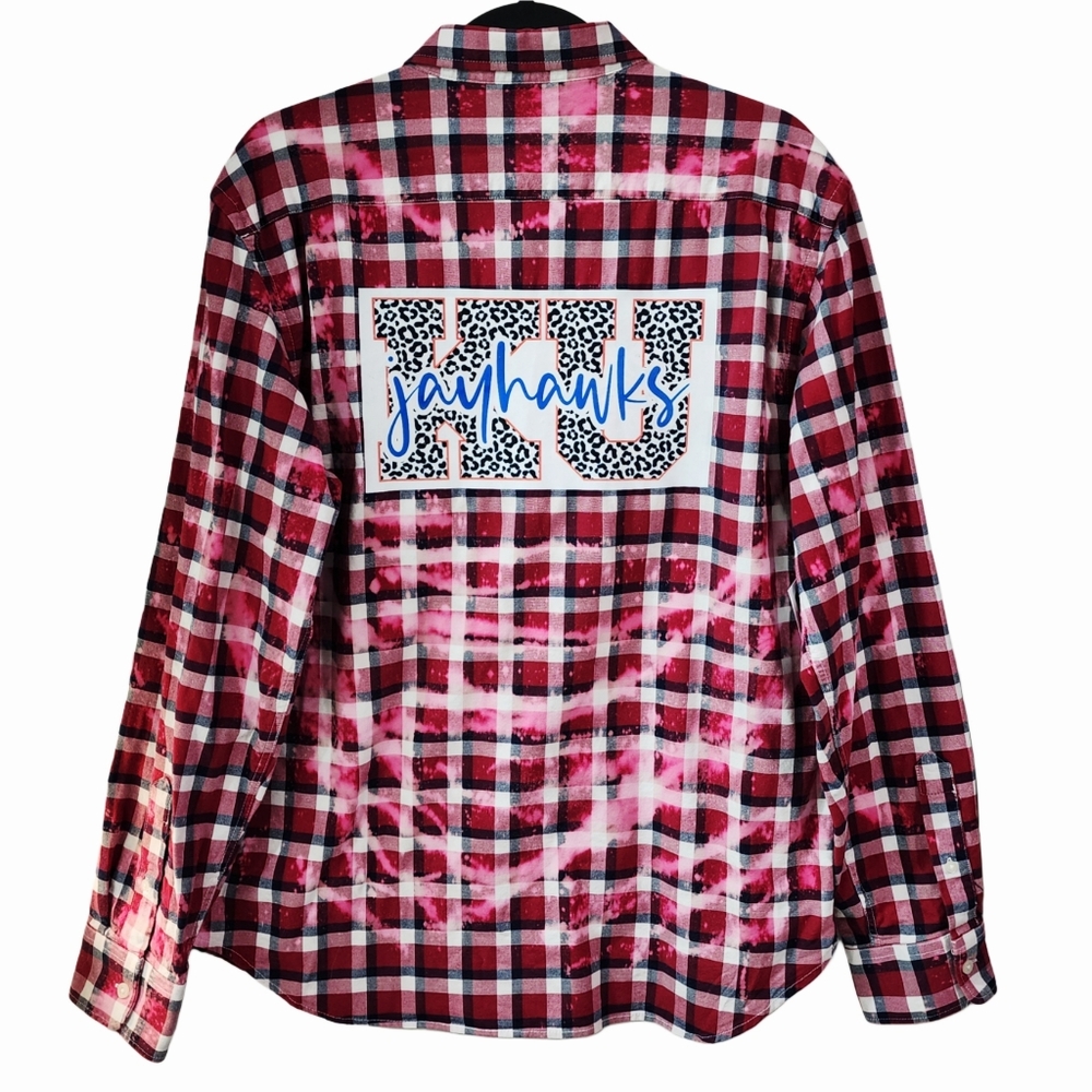 2FOR$30 - Kansas University KU Jayhawks Custom Upcycled Plaid Shirt, Women's L